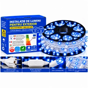 Instalație LED pe fir – 480 LED-uri – 50 m – cablu alb – albastră cu flash alb – OLD-334 B - Img 2