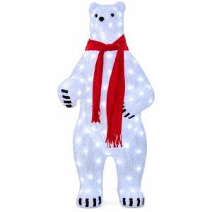 Urs polar decorativ din acril, cu LED-uri – 120 cm, 440 LED-uri, eșarfă roșie, OLD-291