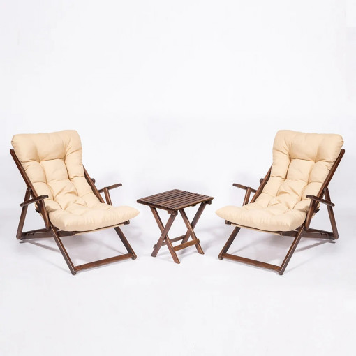 Set mobilier gradina - terasa cu scaune tip sezlong, masuta si perne, lemn de carpen, Nora Grand