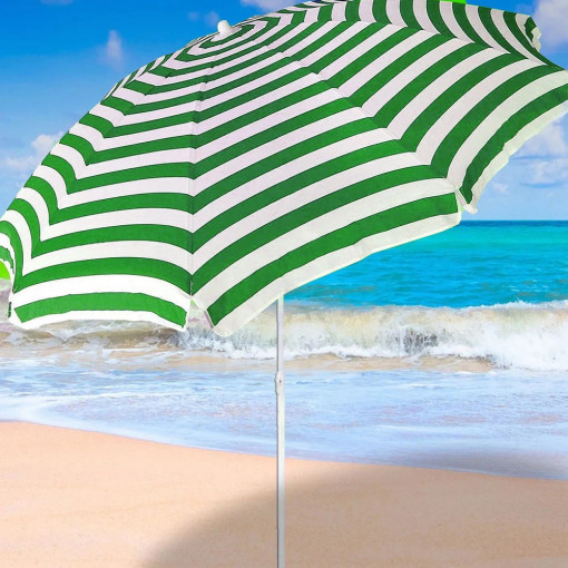 Umbrela de soare, verde cu alb, pentru plaja, gradina, piscina, terasa, cu suport, cu protectie UV