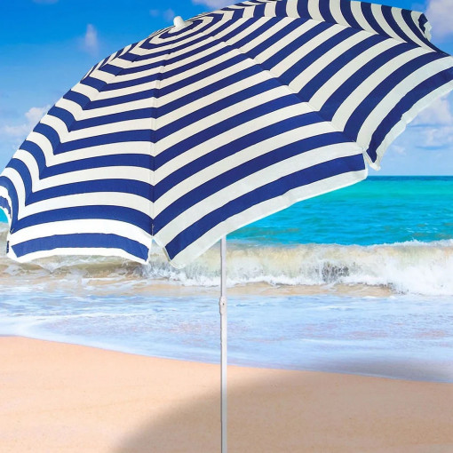 Umbrela de soare, albastra cu alb, pentru plaja, gradina, piscina, terasa, cu protectie UV