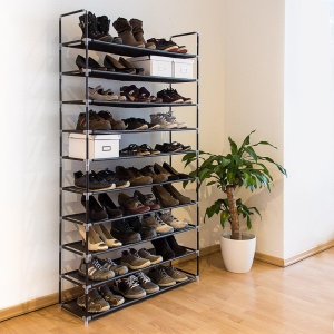 Pantofar etajera cu 10 rafturi din otel galvanizat si textil, 95x28x175 cm, Asos, negru