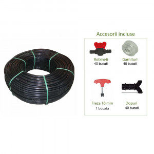 Set furtun irigatii prin picurare 400 metri, distanta la 33 cm, include 121 accesorii, set complet