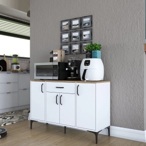 Dulap multifunctional cu sertar, alb cu blat nuc, din PAL, Jerra