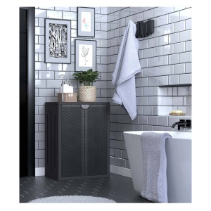 Dulap multifunctional pentru depozitare, aspect ratan, 3 rafturi si 2 usi, 65x45x88 cm, maro inchis