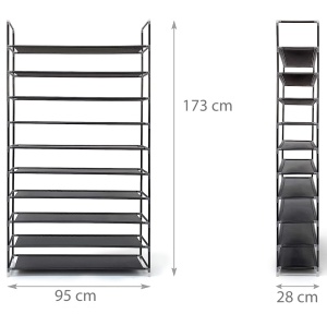 Pantofar etajera cu 10 rafturi din otel galvanizat si textil, 95x28x175 cm, Asos, negru