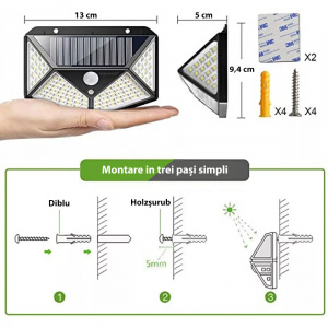 Lampa solara de perete cu 4 fete, senzor de miscare, 100 LED-uri