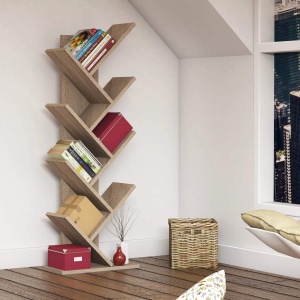 Biblioteca decorativa Hitt din pal cu 7 rafturi, stejar
