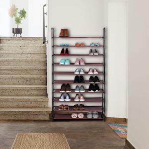 Pantofar etajera cu 10 rafturi din otel galvanizat si textil, 95x28x175 cm, Asos, negru