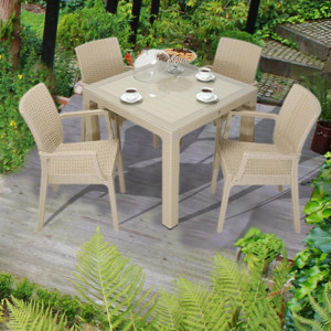 Set mobilier gradina - terasa, masa cu geam x cm x 4 scaune ratan, Elite, cappuccino