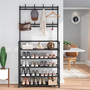 Cuier cu pantofar metalic cu 5 rafturi ArteNova, 80 cm x 26 cm x 170 cm, negru
