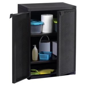 Dulap multifunctional pentru depozitare, aspect ratan, 3 rafturi si 2 usi, 65x45x88 cm, maro inchis
