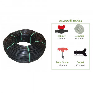 Set furtun irigatii prin picurare 100 metri, distanta orificii 40 cm, include 31 accesorii, pachet complet