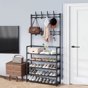 Cuier cu pantofar metalic cu 5 rafturi Asos, 80 cm x 26 cm x 170 cm, negru