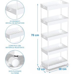 Organizator pe roti cu 5 rafturi, Asos, alb
