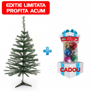 Brad cu suport metalic verde 100 cm + cadou set de globuri