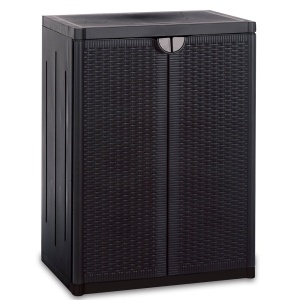 Dulap multifunctional pentru depozitare, aspect ratan, 3 rafturi si 2 usi, 65x45x88 cm, maro inchis