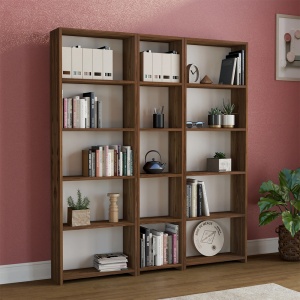 Biblioteca etajera perete cu 15 rafturi deschise, nuc