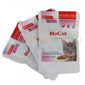 Plicmancare umeda, carne de pui in sos sterilizat, Biocat, 85 grame