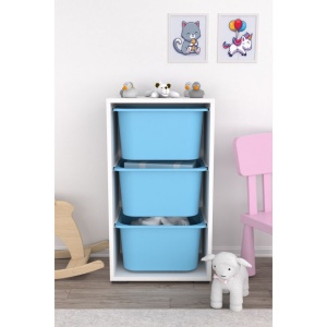 Dulap organizator din PAL cu 3 sertare de plastic, Bronz, alb cu albastru