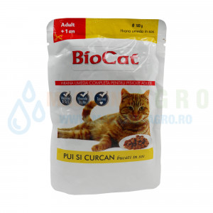 Plic mancare umeda pui si curcan in sos Biocat, 100 grame
