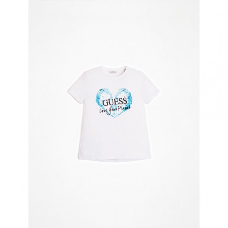 Tricou GUESS de fete cu logo pe piept intr- o inimioara , culoare alb