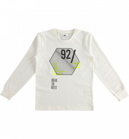 Tricou alb baiat bumbac cu manseta IDO