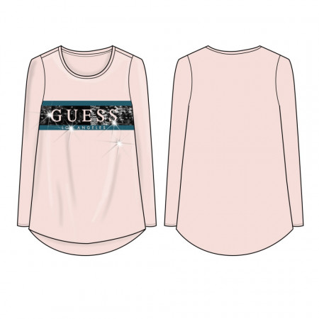 Tricou cu mânecă lungă roz din bumbac și cu stasuri, Guess