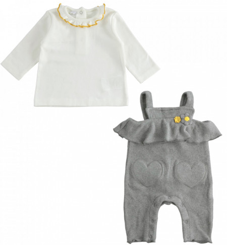Costum cu salopetă și bluziță, pufos și calduros pentru bebe fetiță, IDO