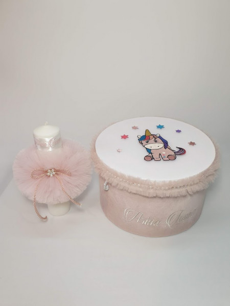 Trusou de botez cu lumanare si cutie cu unicorn sau fluturas