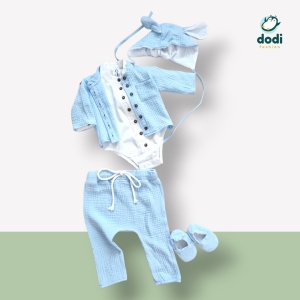 Costum Botez Băiețel din Muselină – Cămașă Reglabilă și Pantaloni cu Șiret + Accesorii Asortate - Img 9