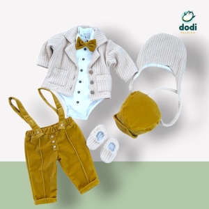 Costum botez galben catifea și sacou tricotat - Img 4