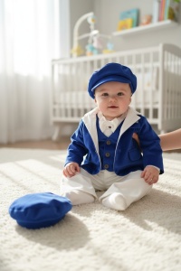 Costum Elegant Bebe Băiat Catifea Albastru Regal 6 Piese – Sacou, Vestă, Body Cămașă, Pantaloni, Bretele și Șapcă – Fabricat în România
