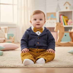 Costum galben catifea și sacou tricotat