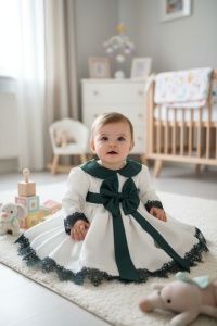 Rochie Botez Fetiță Elegantă Ivory cu Fundă Verde – Rochiță Bebe din Bumbac Dublată Integral 🎀🤍