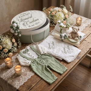 Trusou botez complet cu costum din in și lumânare personalizată , cutie brodată cu baloane