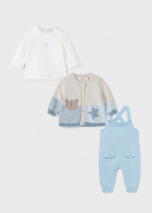 Set salopetă ECOFRIENDS cu steluță și ursuleț, 3 piese, pentru bebe băiat, Mayoral