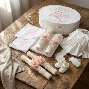Trusou Botez Fetiță „Feea” – Rochiță Elegantă cu Dantelă și Cutie Ovală Personalizată - Img 2
