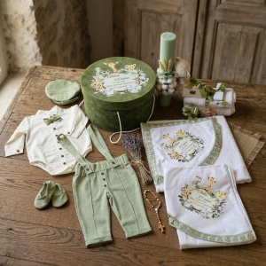Trusou botez jungle verde salvie cu girafă și elefant – set complet personalizat băieți - Img 2