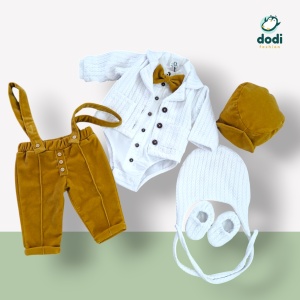Costum botez galben catifea și sacou tricotat - Img 7