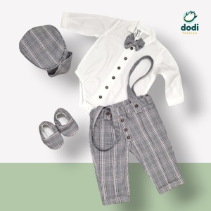 Costum cu pantalon în carouri, gri și galben regal, 4 piese