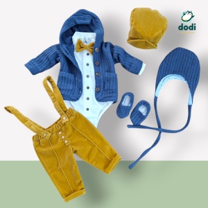 Costum galben catifea și sacou tricotat - Img 3