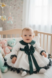 Rochie Botez Fetiță Elegantă Ivory cu Fundă Verde – Rochiță Bebe din Bumbac Dublată Integral 🎀🤍 - Img 2