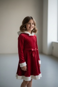 Rochie Fetițe „Crăciun Magic” din catifea roșie cu pietricele și blăniță