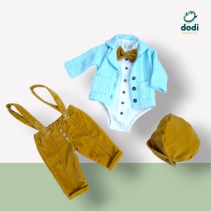 Costum botez galben catifea și sacou tricotat - Img 8