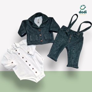 Costum de Botez Băieți - Cămașă din Muselină și Sacou Verde Smarald - Img 3