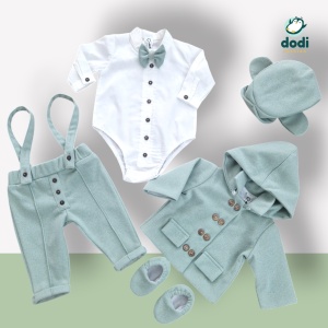 Costum pentru bebe beieti din stofa bej si verde ou rata - Img 2