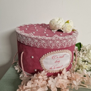 Cufăr de Botez Personalizat cu Dantelă și Perle – "Mult Drag din Partea Nașilor" - Img 1