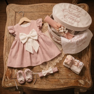 Trusou Botez Fetiță Personalizat – Roz Pudrat Elegant cu Fundă Ivory | Set Complet Biserică & Prima Băiță