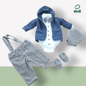 Costum din catifea gri și sacou tricotat - Img 4